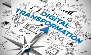Digital Business Transformation als Konzept auf einem Kompass mit vielen Symbolen