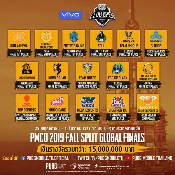 ทีมที่เข้าแข่งขัน PMCO 2019 FALL SPLIT GLOBAL FINALS